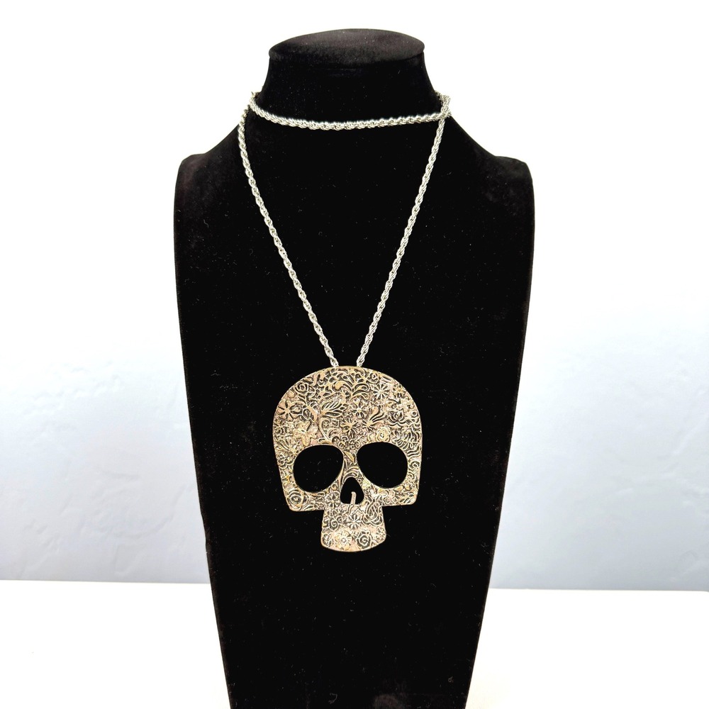 Gothic Sugar Skull Necklace Silver Tone Pendant Statement Jewelry Festival Y2K